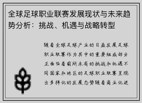全球足球职业联赛发展现状与未来趋势分析：挑战、机遇与战略转型