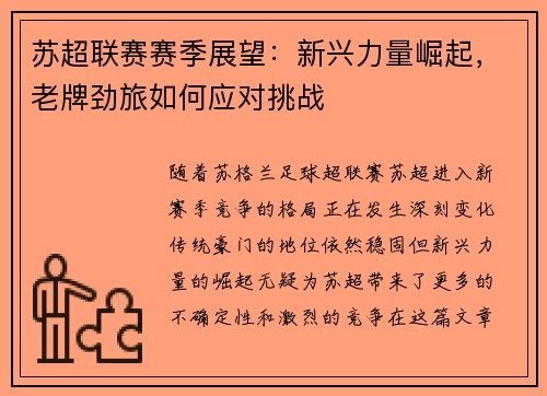 苏超联赛赛季展望：新兴力量崛起，老牌劲旅如何应对挑战