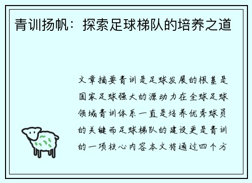 青训扬帆：探索足球梯队的培养之道