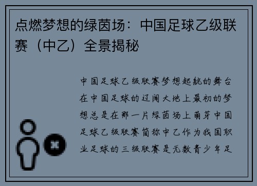 点燃梦想的绿茵场：中国足球乙级联赛（中乙）全景揭秘