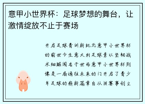 意甲小世界杯：足球梦想的舞台，让激情绽放不止于赛场