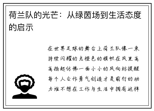 荷兰队的光芒：从绿茵场到生活态度的启示
