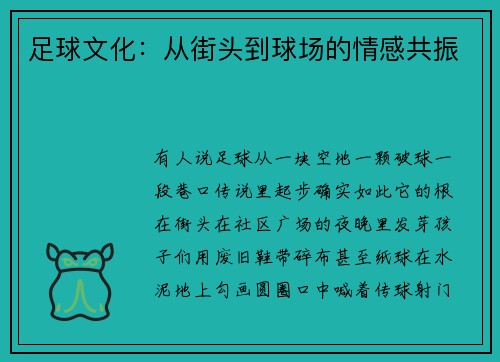足球文化：从街头到球场的情感共振