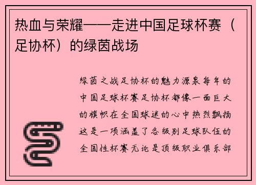 热血与荣耀——走进中国足球杯赛（足协杯）的绿茵战场