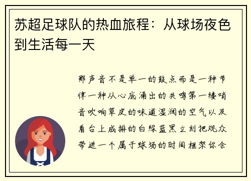 苏超足球队的热血旅程：从球场夜色到生活每一天